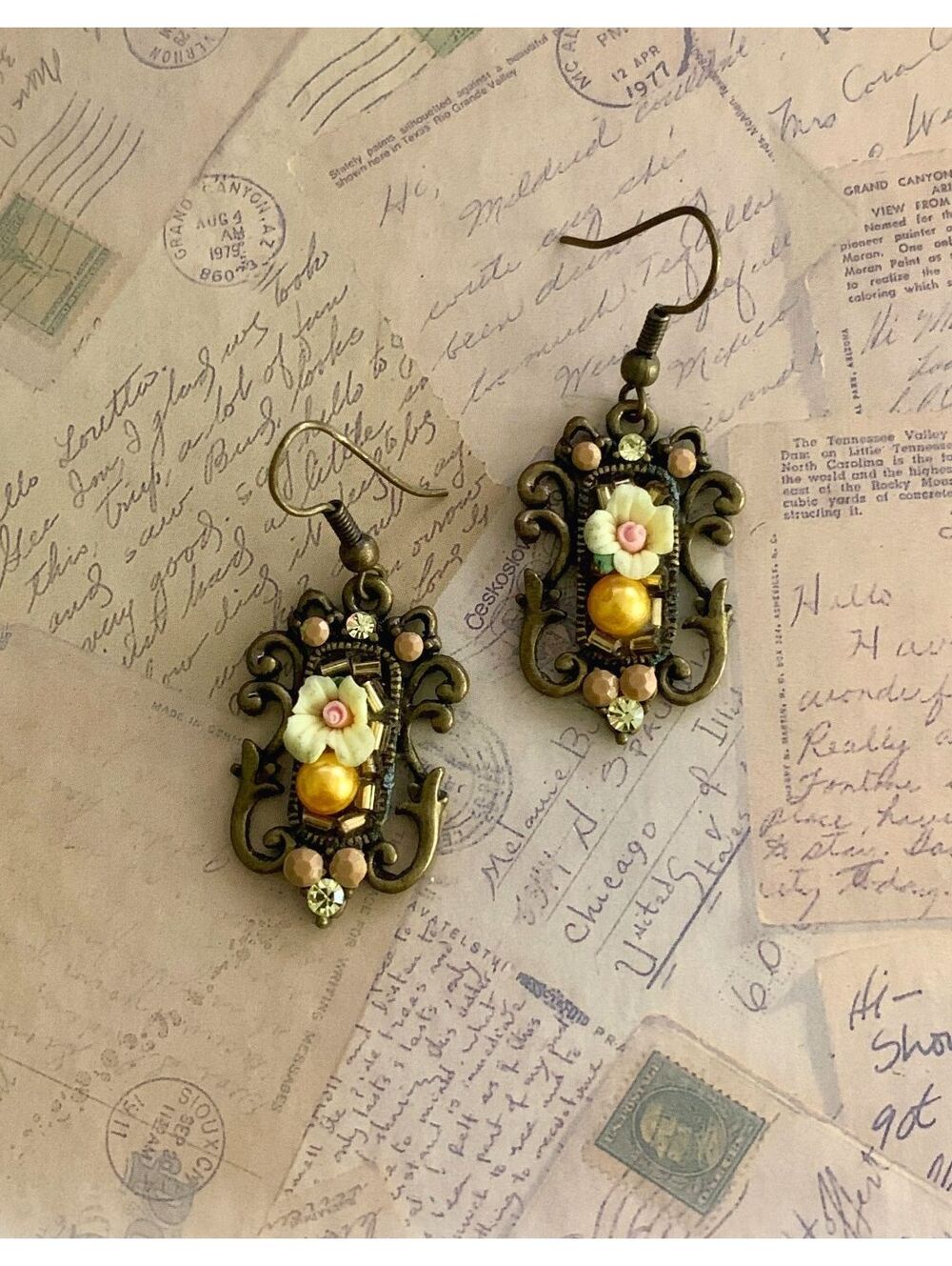 Vintage 1928 Jewelry Victorian Revival Filigree Floral Ceramic Cabochon Earrings